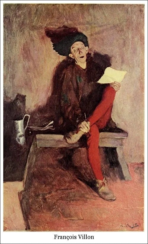 Illustration ancienne de François Villon assis, lisant un parchemin