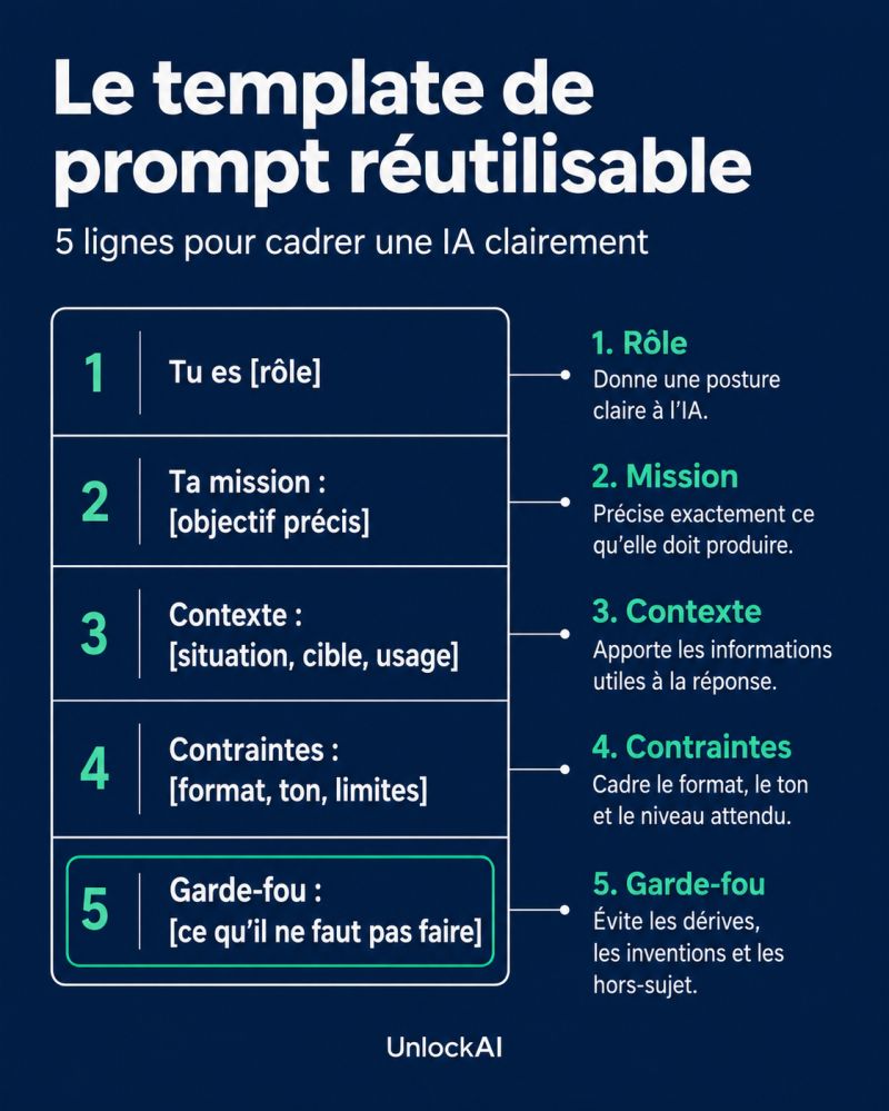 Infographie « Le template de prompt réutilisable » de Yann Mottaz (UnlockAI) : cinq lignes pour cadrer une IA — 1. Rôle, 2. Mission, 3. Contexte, 4. Contraintes, 5. Garde-fou.