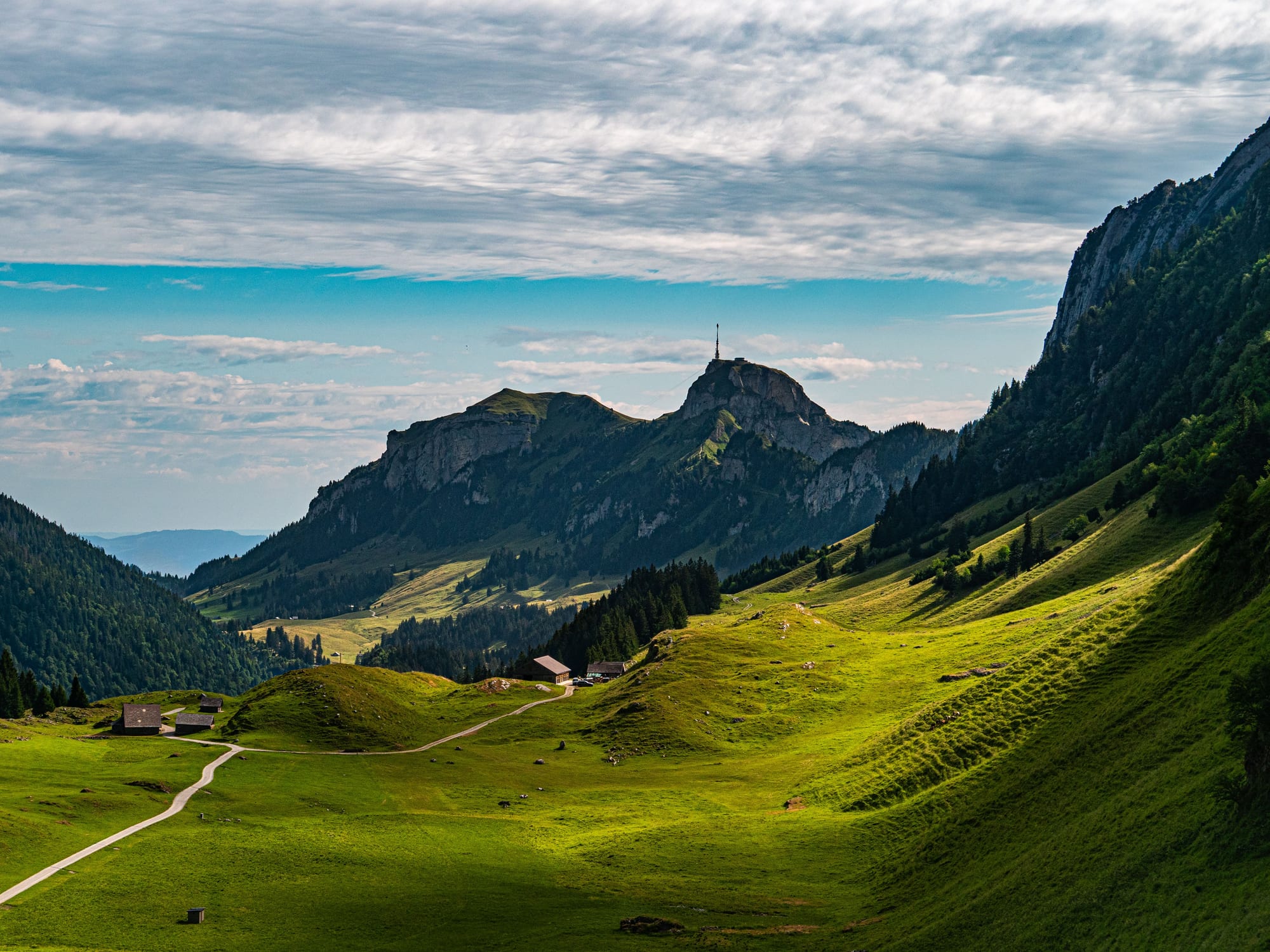 Paysage de montagnes suisses près de Sennwald, vallée verdoyante et sommets enneigés